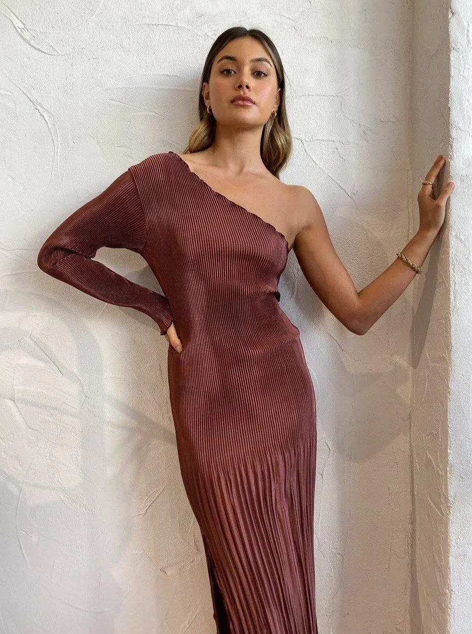 L'Idee Soiree One Shoulder Long Sleeve Midi Dress Brown Size 12  for rent on The Volte - main image
