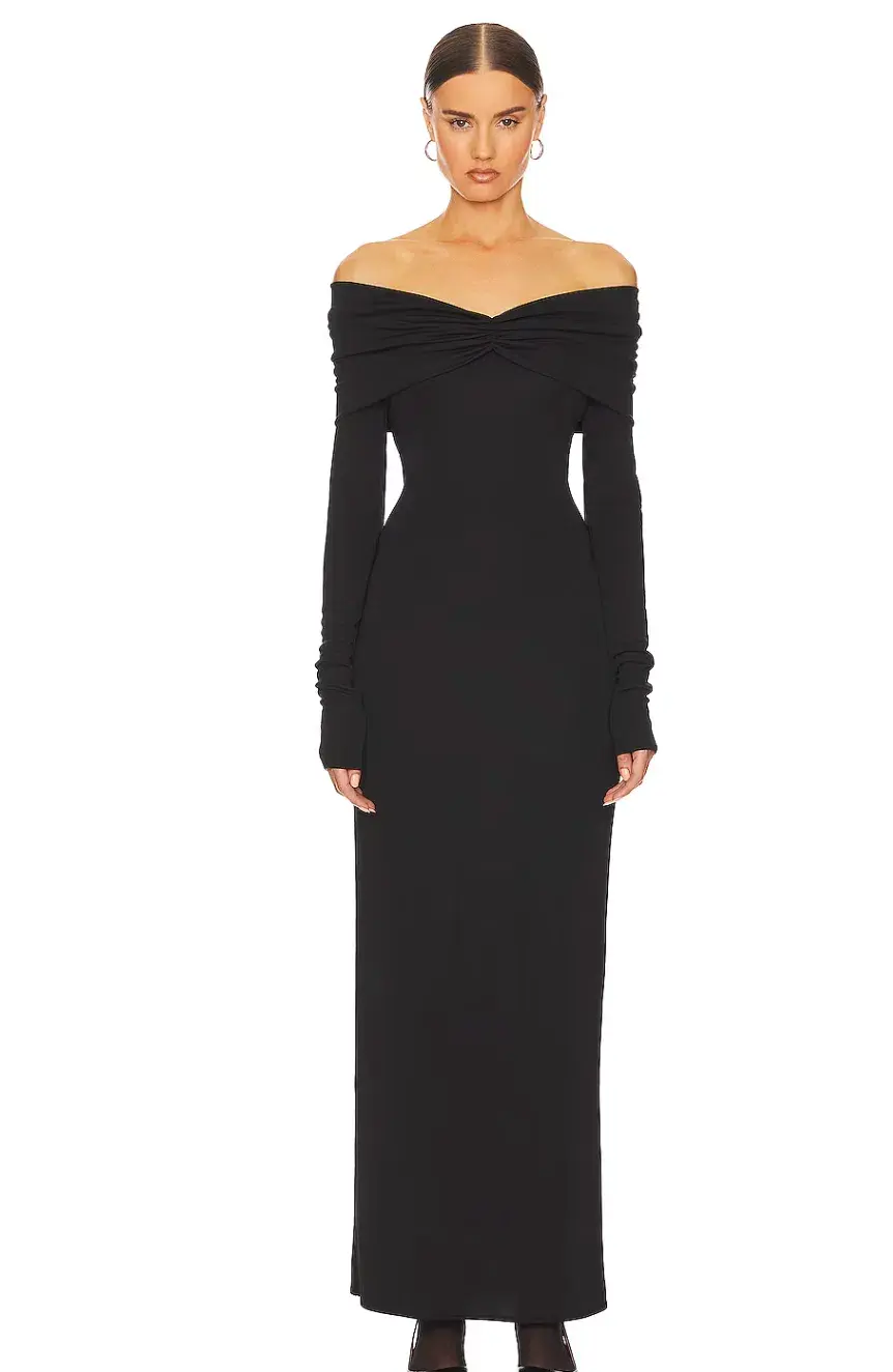 Helsa Matte Jersey Off Shoulder Maxi Dress Black Size 8  for rent on The Volte - main image