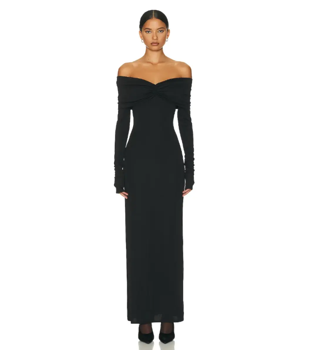 Helsa Matte Jersey Off Shoulder Maxi Dress Black Size 8  for rent on The Volte - main image
