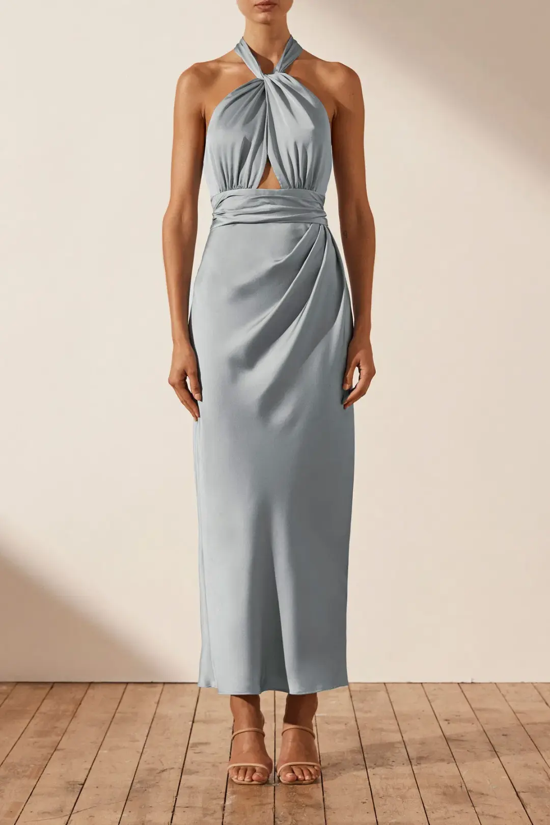 Shona Joy Luxe Gathered Halter Midi Dress in Azure Size 8  for rent on The Volte - main image