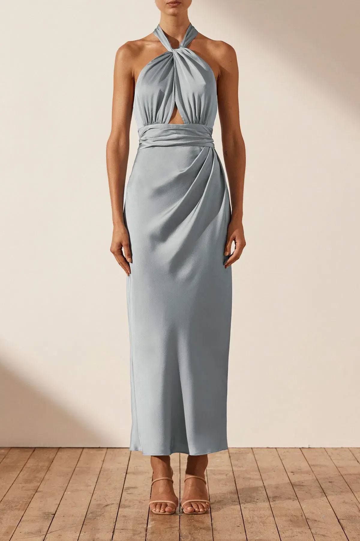 Shona Joy Luxe Gathered Halter Midi Dress in Azure Size 8  - Image 1