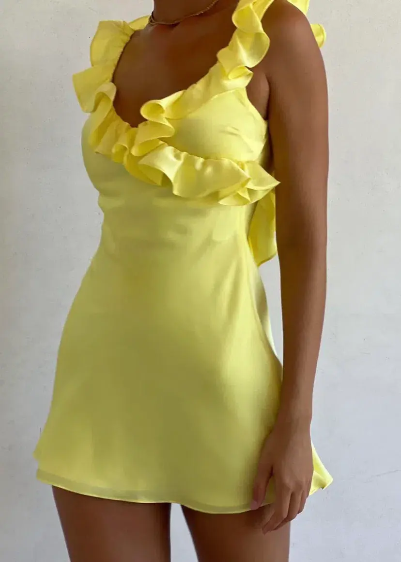 House Of CB Tink Satin Ruffle Mini Dress Buttercup Yellow Size M / AU 10 for rent on The Volte - main image