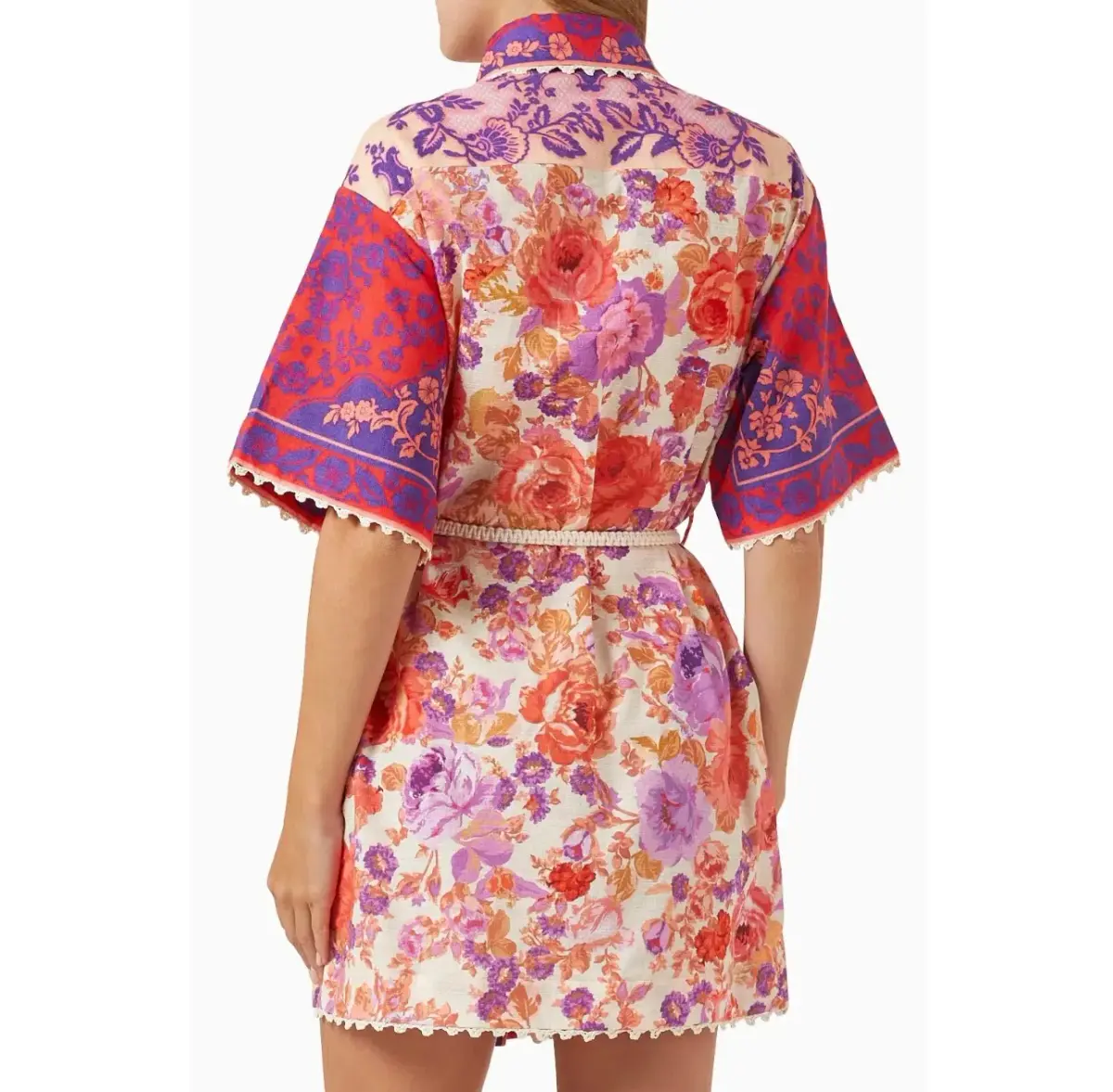 Zimmermann Raie Trimmed Shirt Mini Dress in Purple/Red Print Size 3 / AU 14 - Image 2