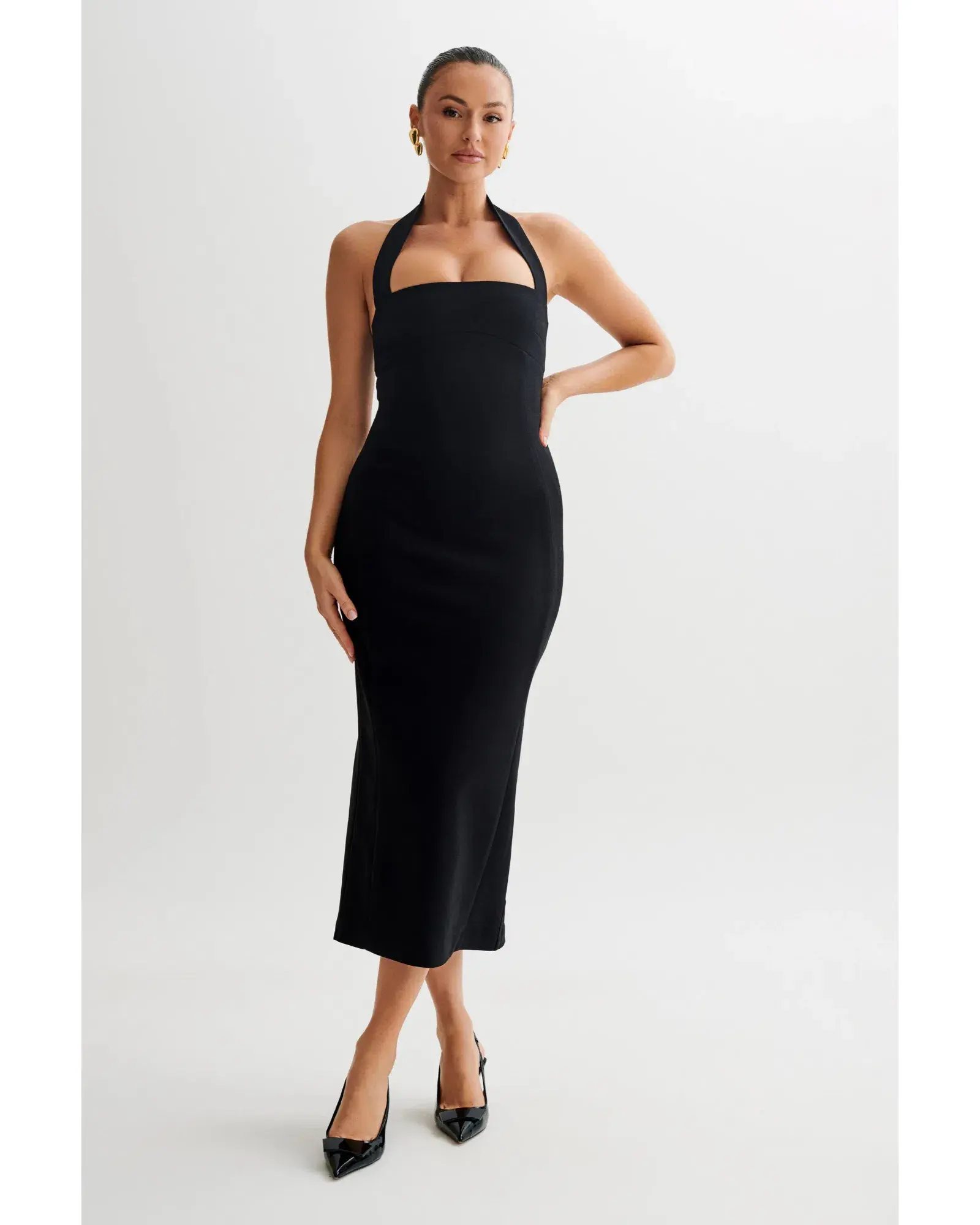 MESHKI Amelita Suiting Halter Midi Dress Black Size L / AU 12 - Image 1