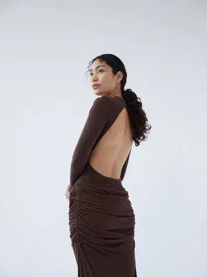 Paris Georgia Backless Bodysuit And Raffy Draped Skirt In Cocoa Size S / AU 8 for rent on The Volte - main image