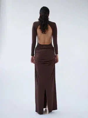 Paris Georgia Backless Bodysuit And Raffy Draped Skirt In Cocoa Size S / AU 8 for rent on The Volte - main image
