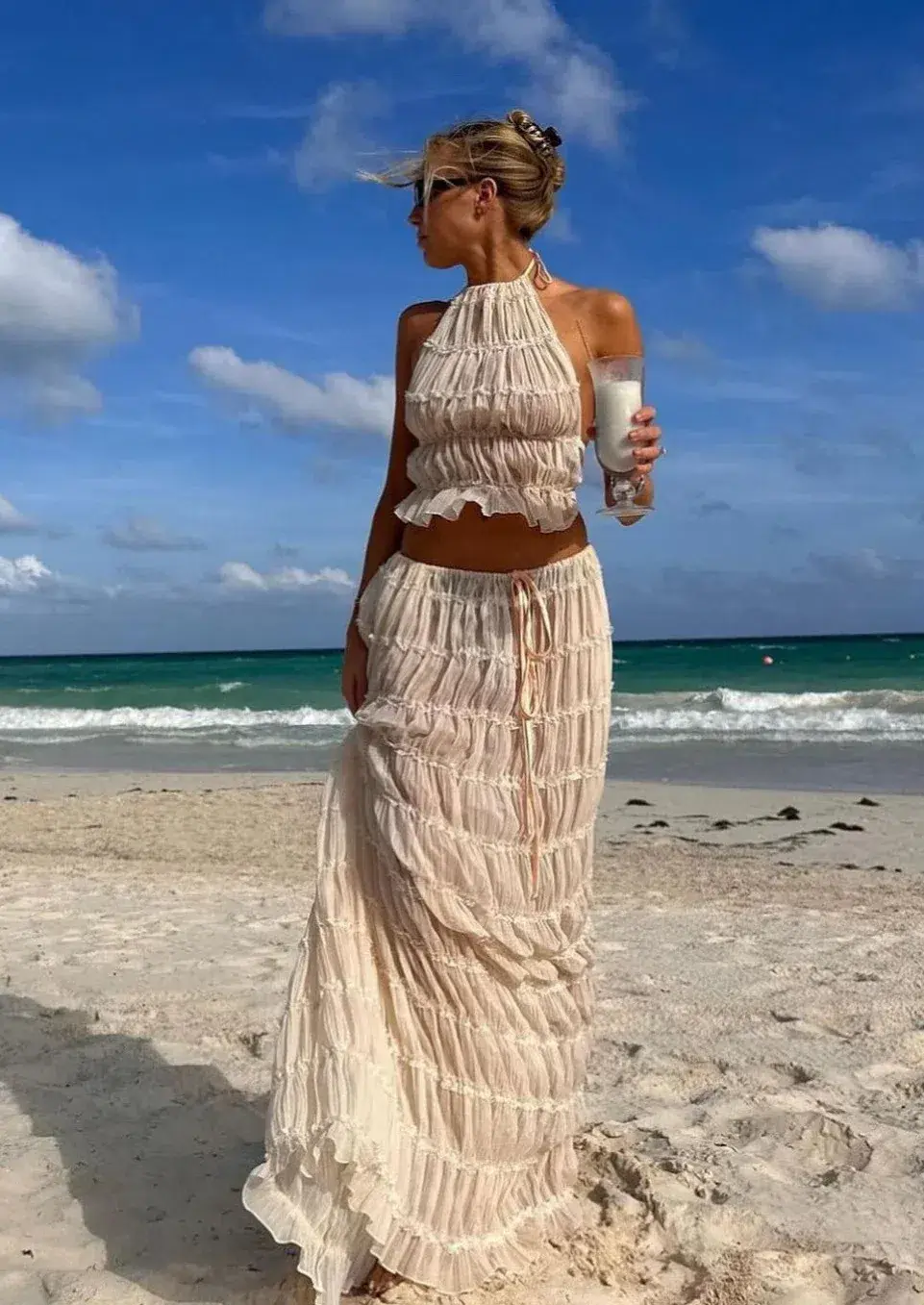 Arcina Ori Juliette Halter Top & Maxi Skirt Set Warm Cream Size S / AU 8 for rent on The Volte - main image