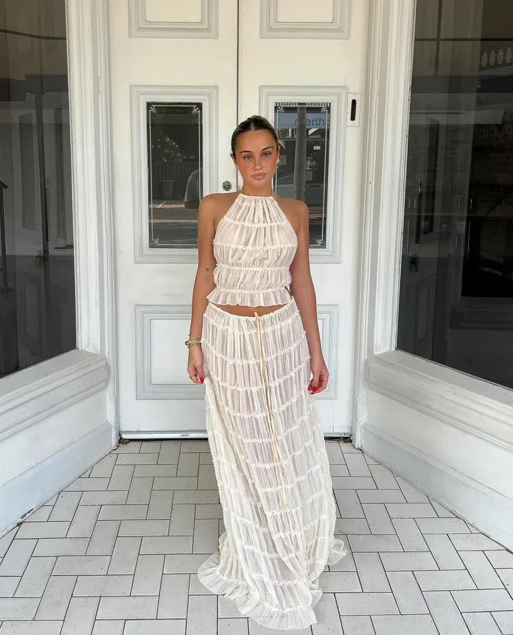 Arcina Ori Juliette Halter Top & Maxi Skirt Set Warm Cream Size S / AU 8 for rent on The Volte - main image