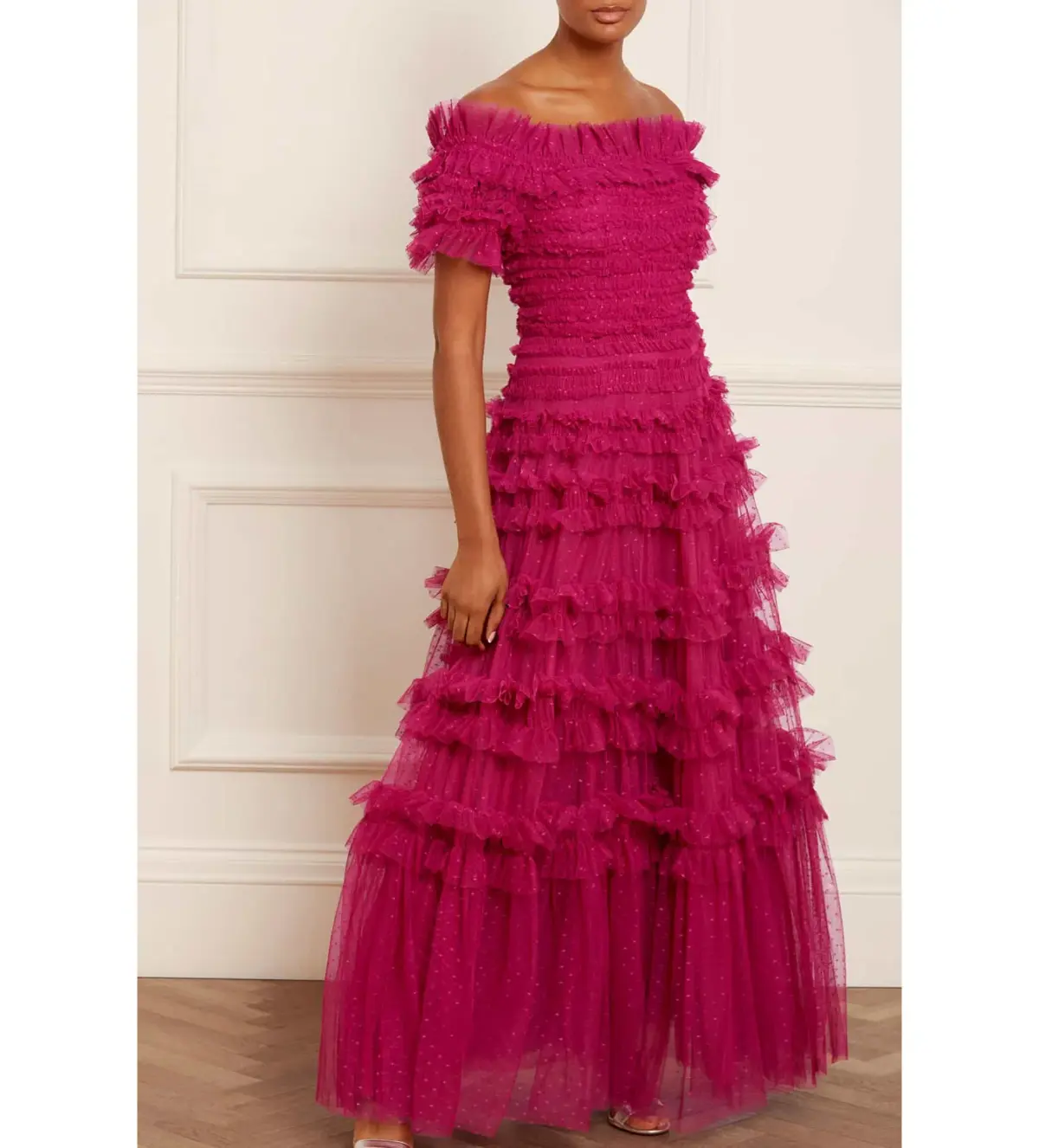 Needle And Thread Lisette Ruffle Off Shoulder Gown Fuschia Size 12 - Image 1