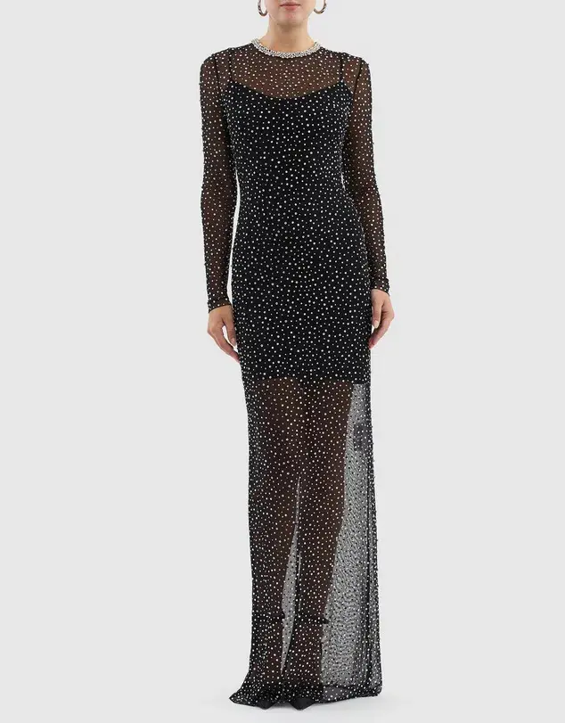 Rebecca Vallance Cecile Diamantes Sheer Mesh Long Sleeve Black Maxi Gown Size 8  - Image 1