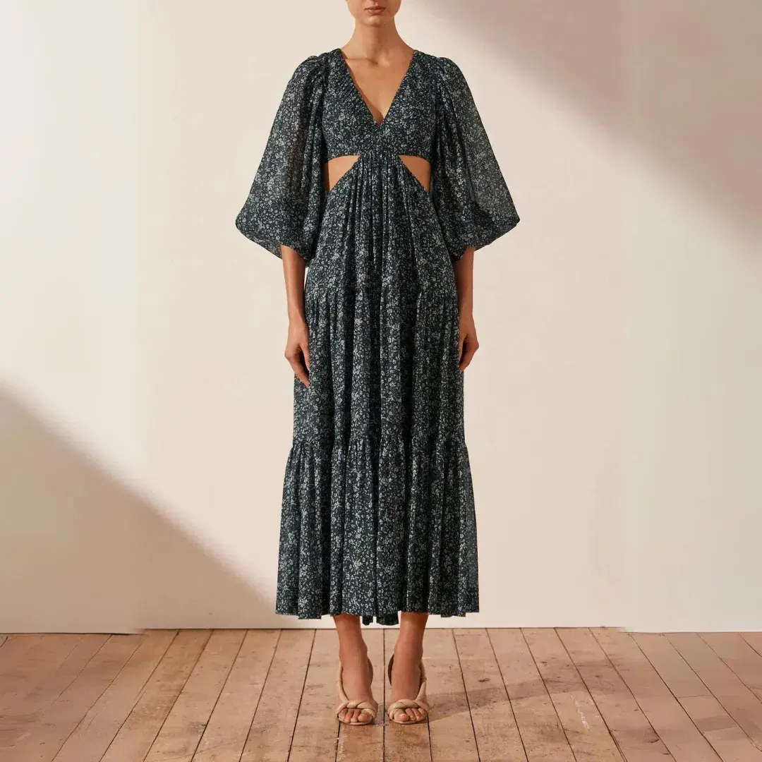 Shona Joy Denise Pin Tuck Cut Out Balloon Sleeve Midi Dress Navy Print Size 10 - Image 1