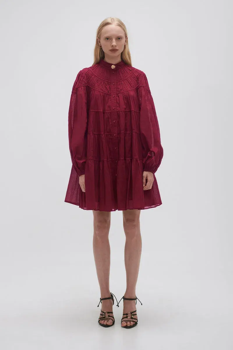 Aje Erika Ruched Tiered Mini Dress Mahogony Red Size 10 - Image 1