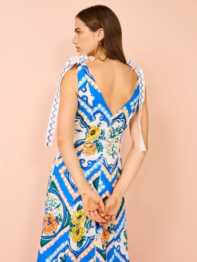 By Nicola Adoncia Tie Shoulder Maxi Dress Azure Blue Floral Size 8 - Image 3
