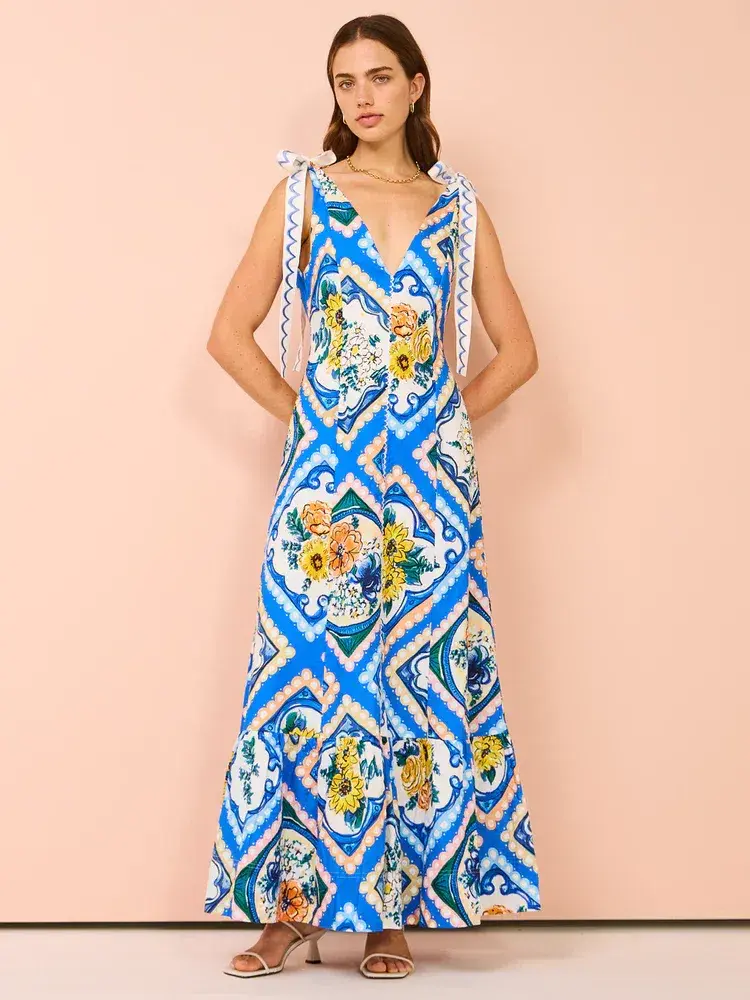 By Nicola Adoncia Tie Shoulder Maxi Dress Azure Blue Floral Size 8 - Image 1