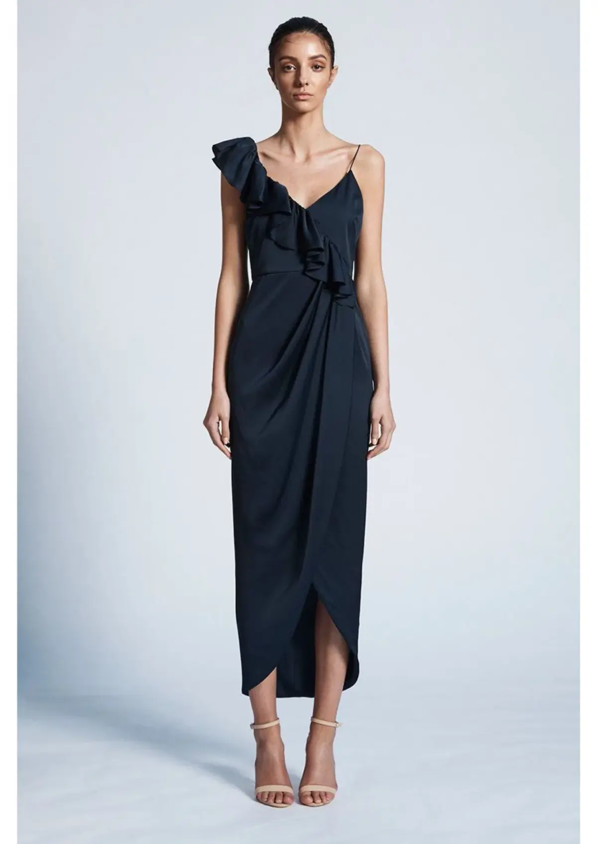Shona Joy Asymmetrical Frill Draped Dress in Sapphire Size 6 - Image 1