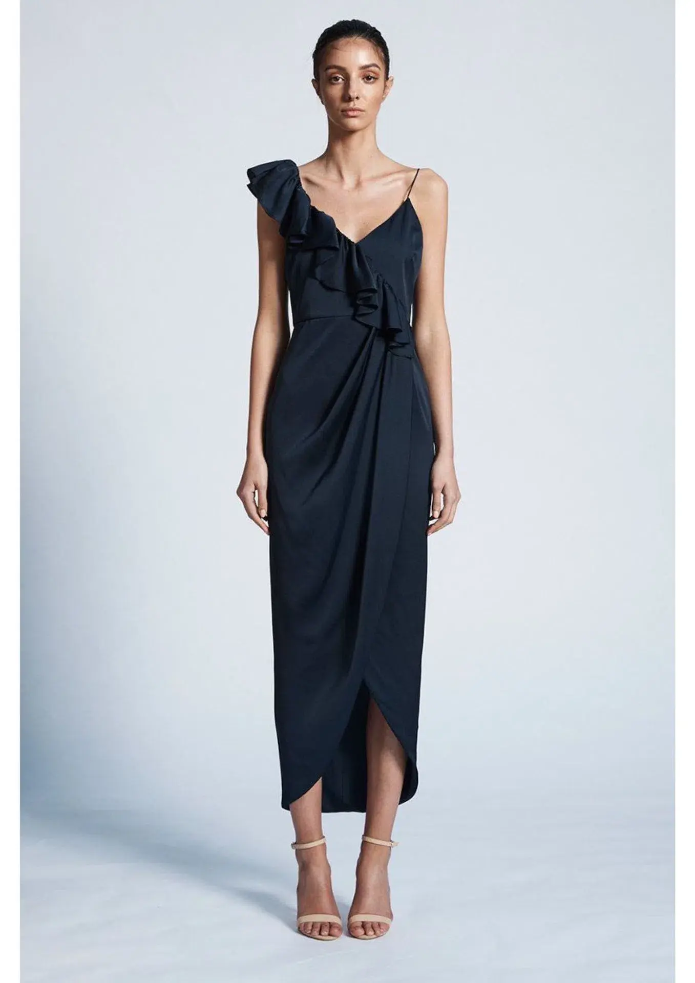Shona Joy Asymmetrical Frill Draped Dress in Sapphire Size 6 - Image 1