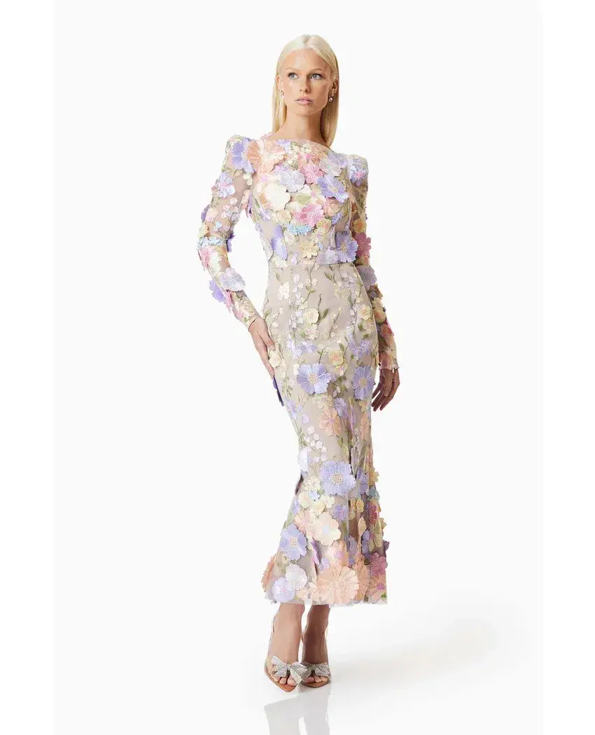 Elliatt Shannon 3D Floral Midi Dress In Purple Floral Size M/ AU 10 - Image 1