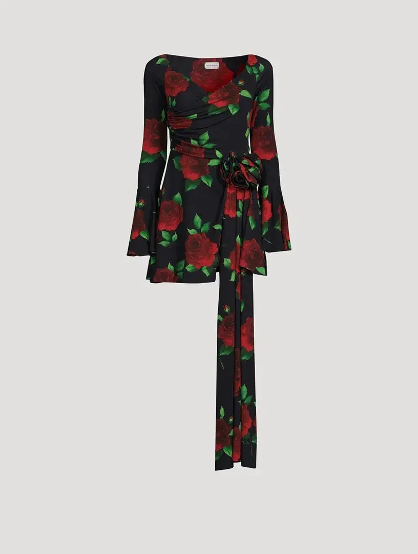 Magda Butrym Off Shoulder Black Floral Print Bell Sleeve Mini Dress Floral Size F34/ AU 6 - Image 6