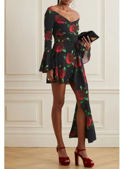 Magda Butrym Off Shoulder Black Floral Print Bell Sleeve Mini Dress Floral Size F34/ AU 6 - Image 4