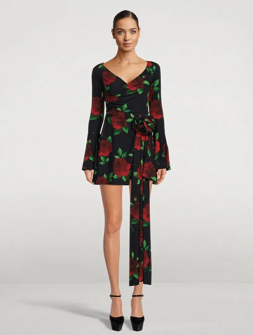 Magda Butrym Off Shoulder Black Floral Print Bell Sleeve Mini Dress Floral Size F34/ AU 6 - Image 1