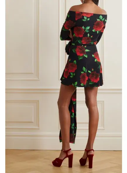 Magda Butrym Off Shoulder Black Floral Print Bell Sleeve Mini Dress Floral Size F34/ AU 6 - Image 5