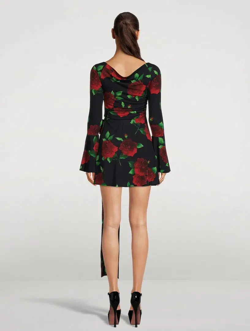 Magda Butrym Off Shoulder Black Floral Print Bell Sleeve Mini Dress Floral Size F34/ AU 6 - Image 3