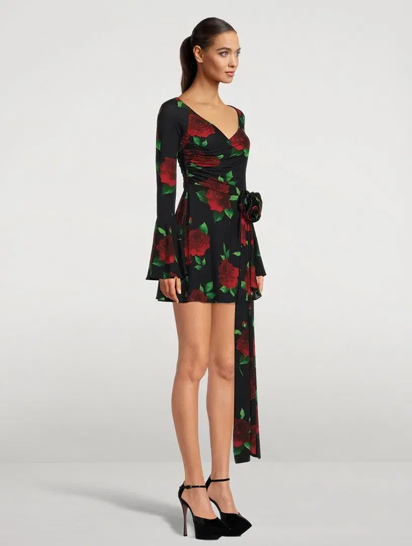 Magda Butrym Off Shoulder Black Floral Print Bell Sleeve Mini Dress Floral Size F34/ AU 6 - Image 2
