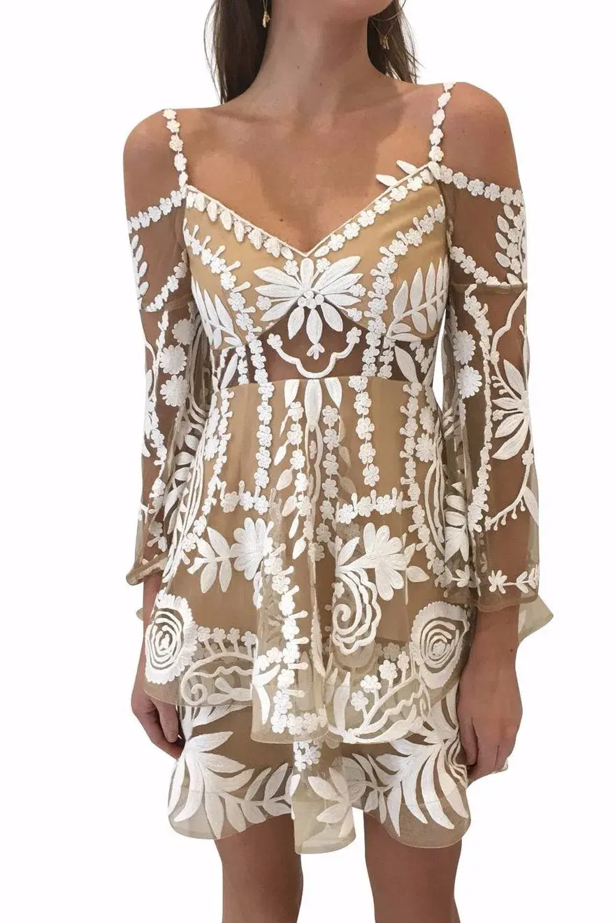 Thurley Poppy Fields Lace Mini Dress Ivory/Nude Size 8 - Image 2