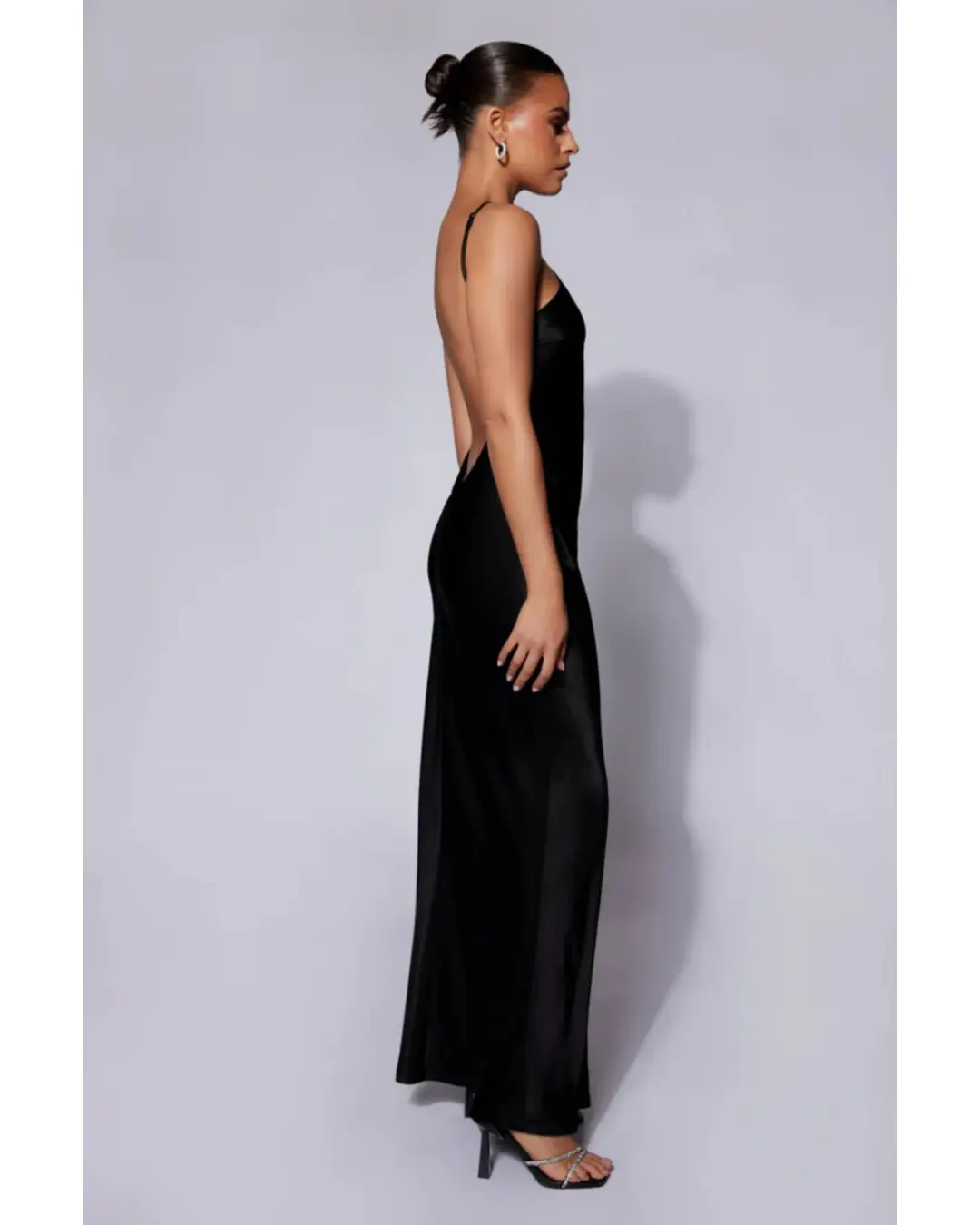 MESHKI Lucia Satin Cut Out Maxi Dress Black Size Small / AU 8 for rent on The Volte - main image