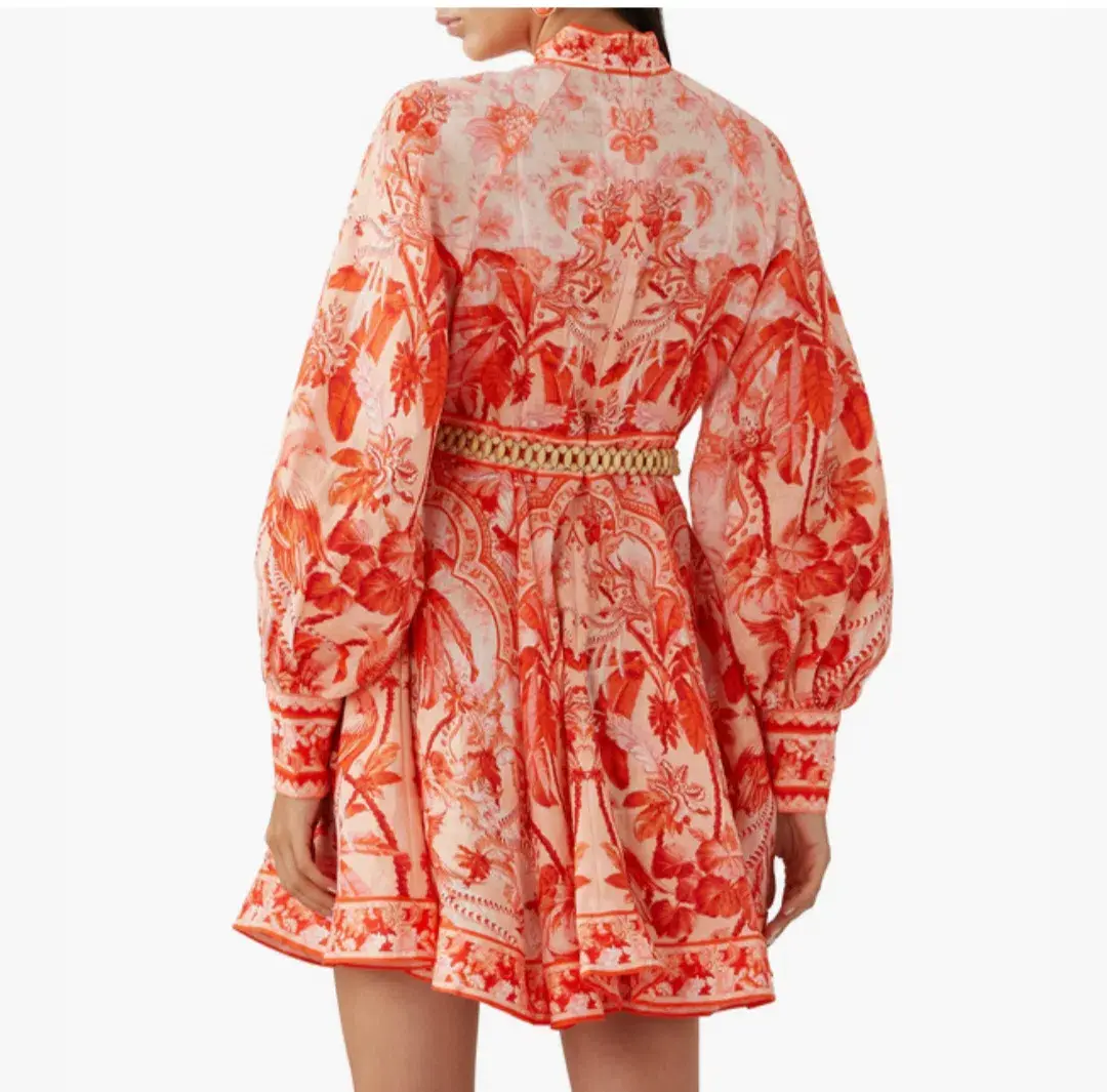 Zimmermann Lyre Billow Sleeve Mini Dress in Red Palm Print Size 2 / AU 12 - Image 3