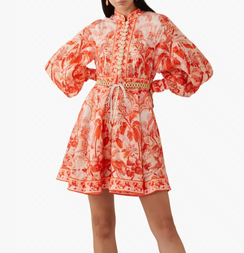 Zimmermann Lyre Billow Sleeve Mini Dress in Red Palm Print Size 2 / AU 12 - Image 2