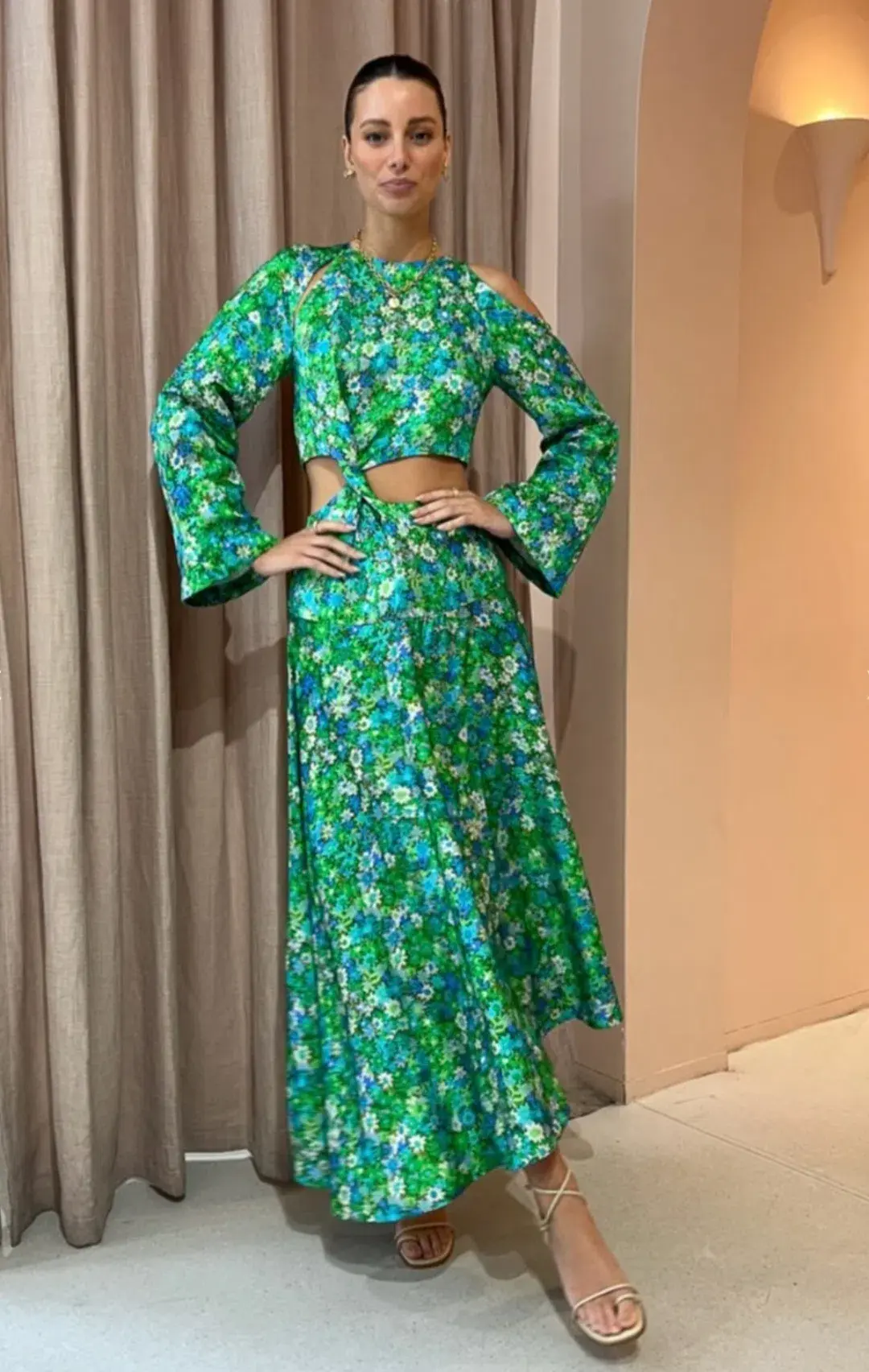 Alemais Cassandra Cut Out Midi Dress Turquoise Floral Size 6 for rent on The Volte - main image
