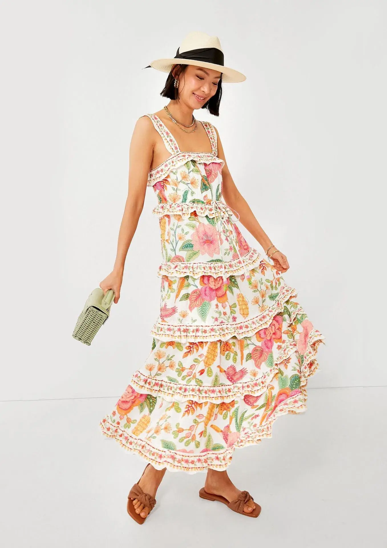 Farm Rio Macaw Bloom Ruffle Tropical Tiered Sundress Floral Size S / AU 8 - Image 1