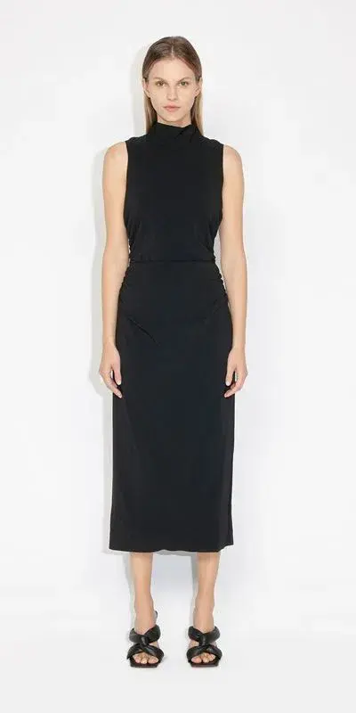 Cue Ruched Waist Midi Dress Black Size 8 for rent on The Volte - main image