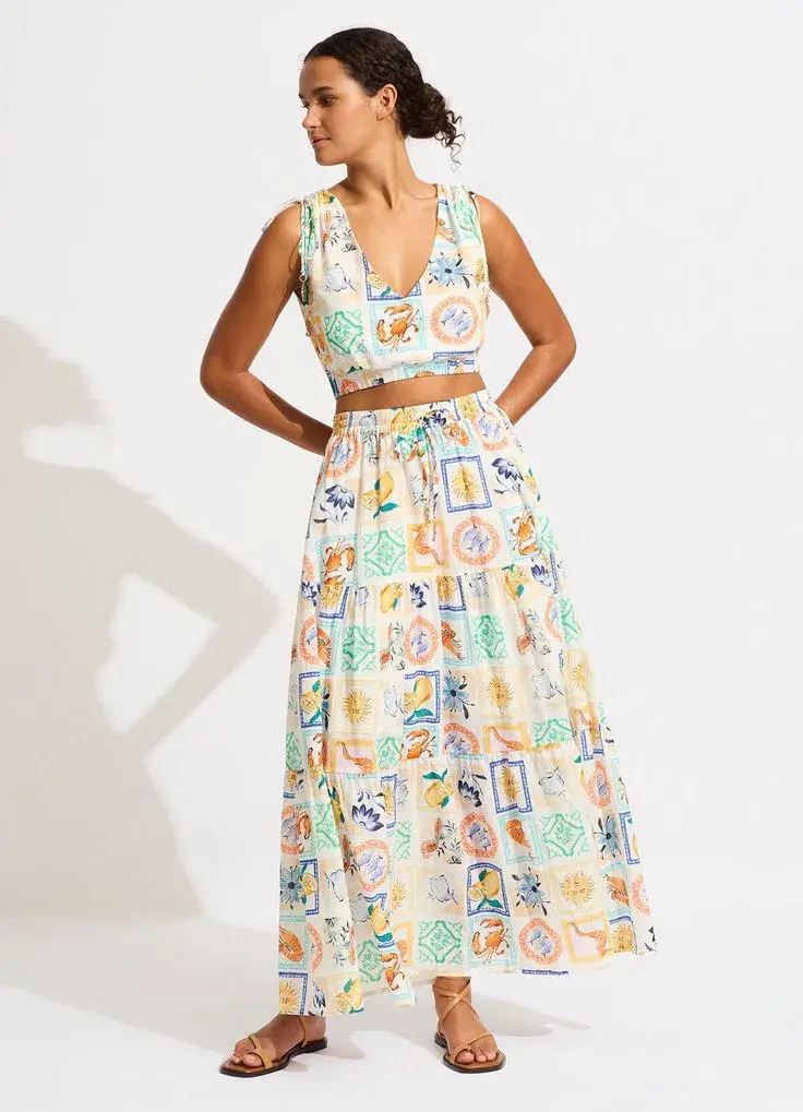 Seafolly Wish You Were Here Crop Top & Maxi Skirt Set in Atoll Blue Multi Size XS / AU 6 - Image 1
