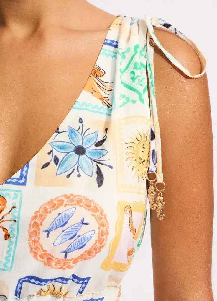 Seafolly Wish You Were Here Crop Top & Maxi Skirt Set in Atoll Blue Multi Size XS / AU 6 - Image 4