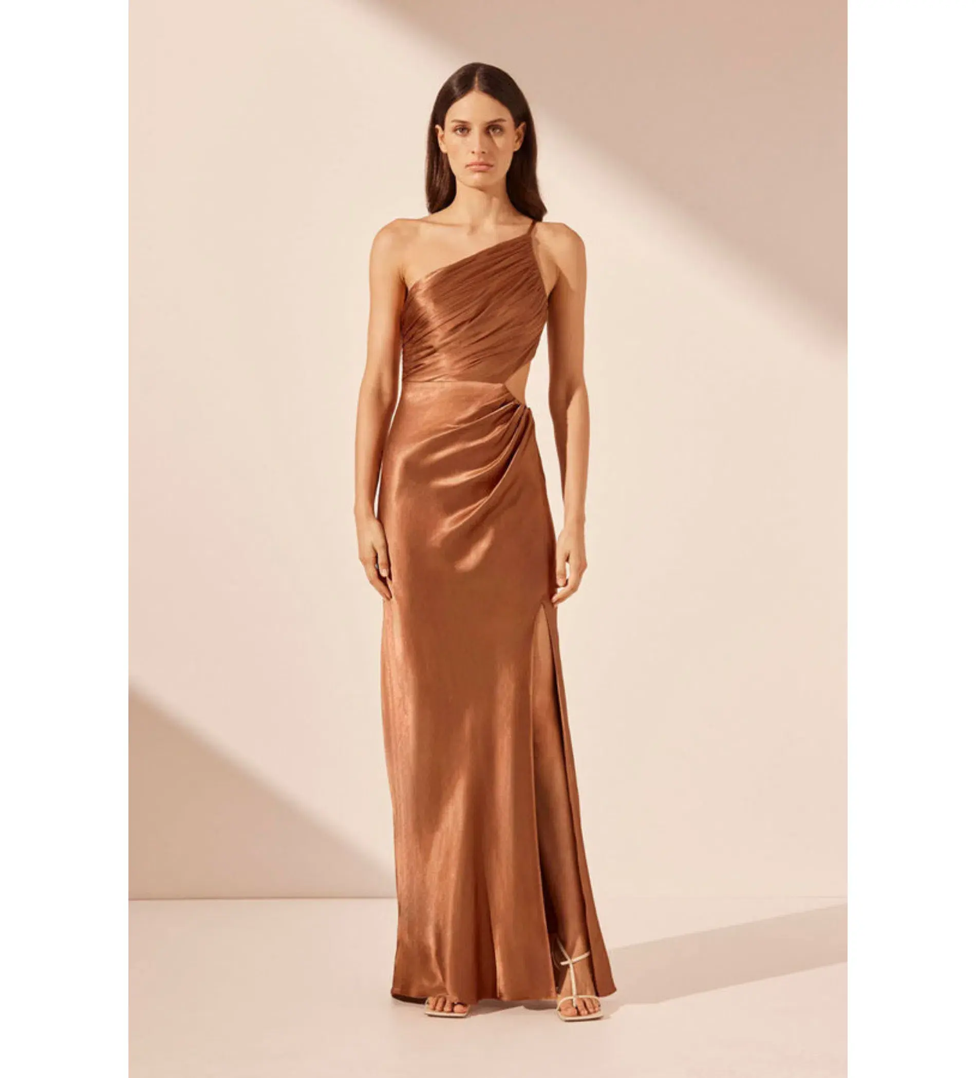 Shona Joy La Lune Asymmetrical Gathered Maxi Dress Almond Size 10  - Image 1