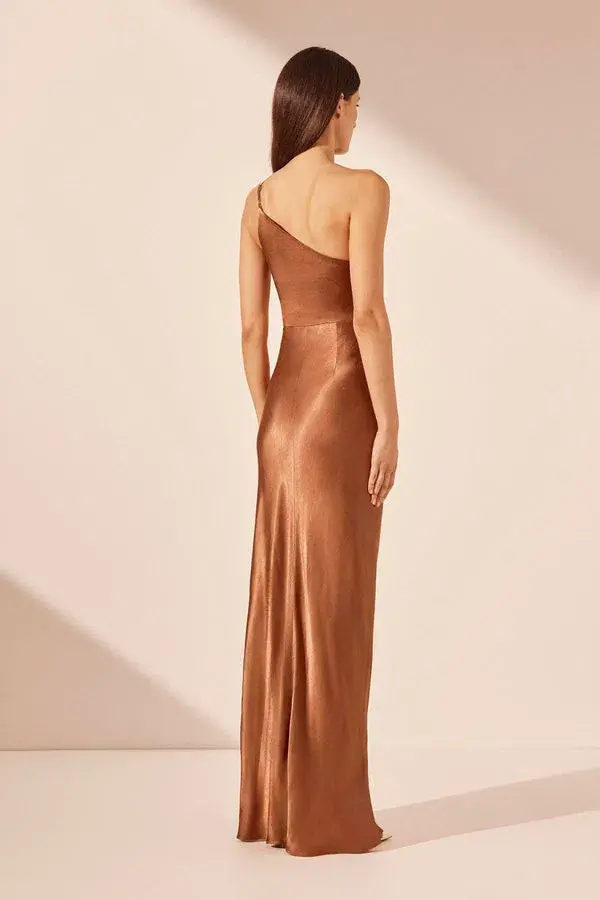 Shona Joy La Lune Asymmetrical Gathered Maxi Dress Almond Size 10  - Image 3