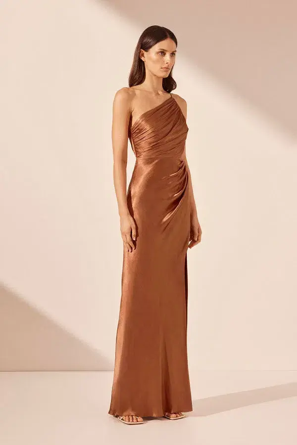 Shona Joy La Lune Asymmetrical Gathered Maxi Dress Almond Size 10  - Image 2