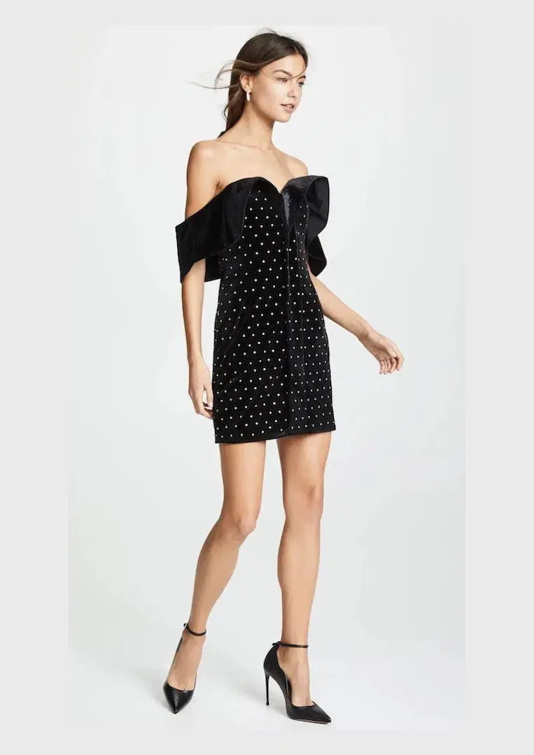 Self Portrait Off Shoulder Velvet Mini Dress Black Size 6 - Image 1