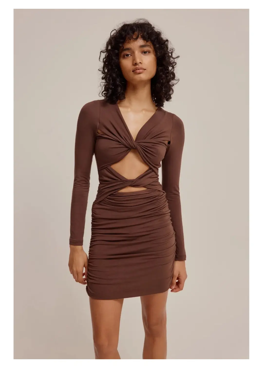 Venroy Long Sleeve Jersey Mini Dress Dark Cacao Size S/ AU 8 for rent on The Volte - main image