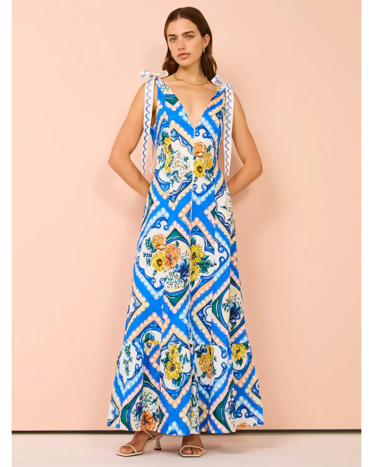 By Nicola Adonica Tie Shoulder Maxi Dress in Azure Flower Size AU 14 - Image 1