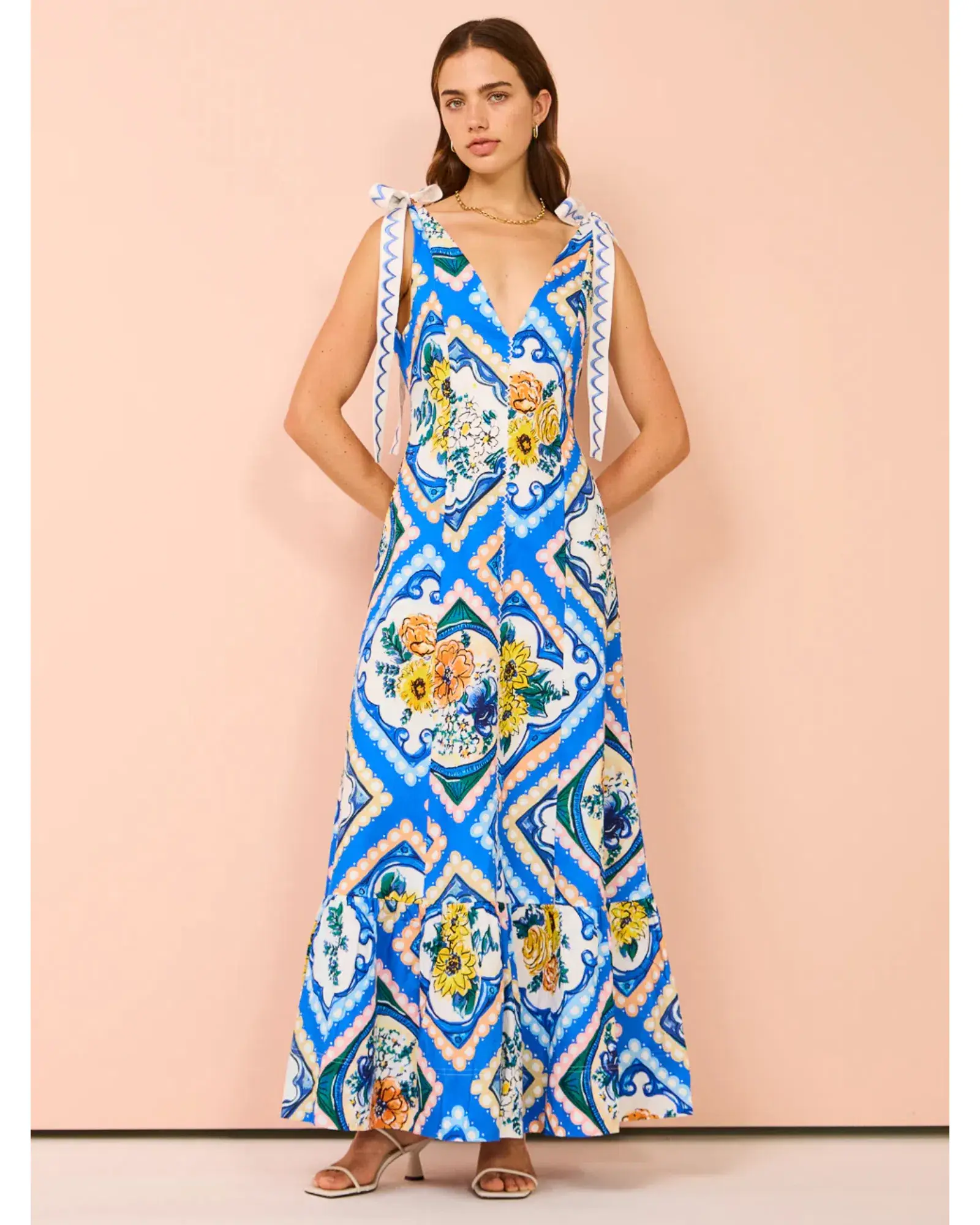 By Nicola Adonica Tie Shoulder Maxi Dress in Azure Flower Size AU 14 - Image 1