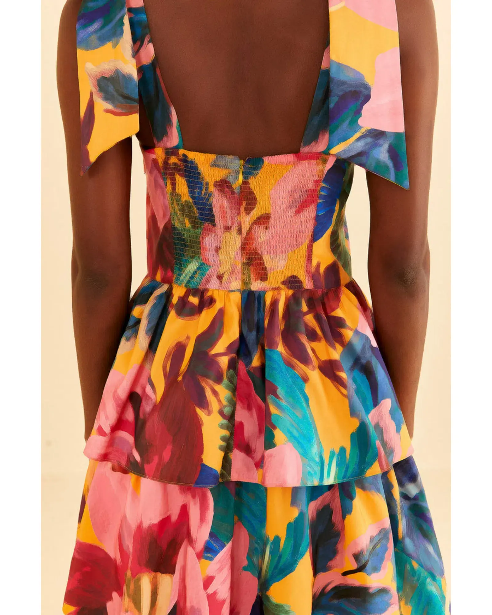 Farm Rio Yellow Painted Flowers Tiered Midi Dress Print Size Small / AU 8 - Image 3