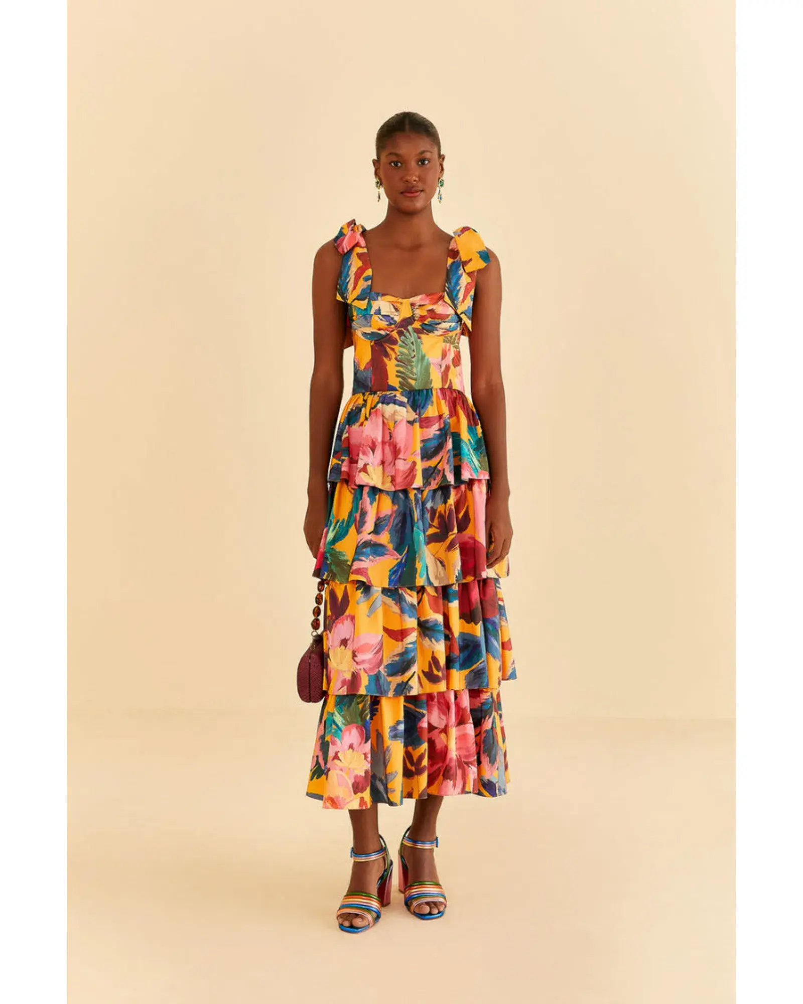 Farm Rio Yellow Painted Flowers Tiered Midi Dress Print Size Small / AU 8 - Image 1