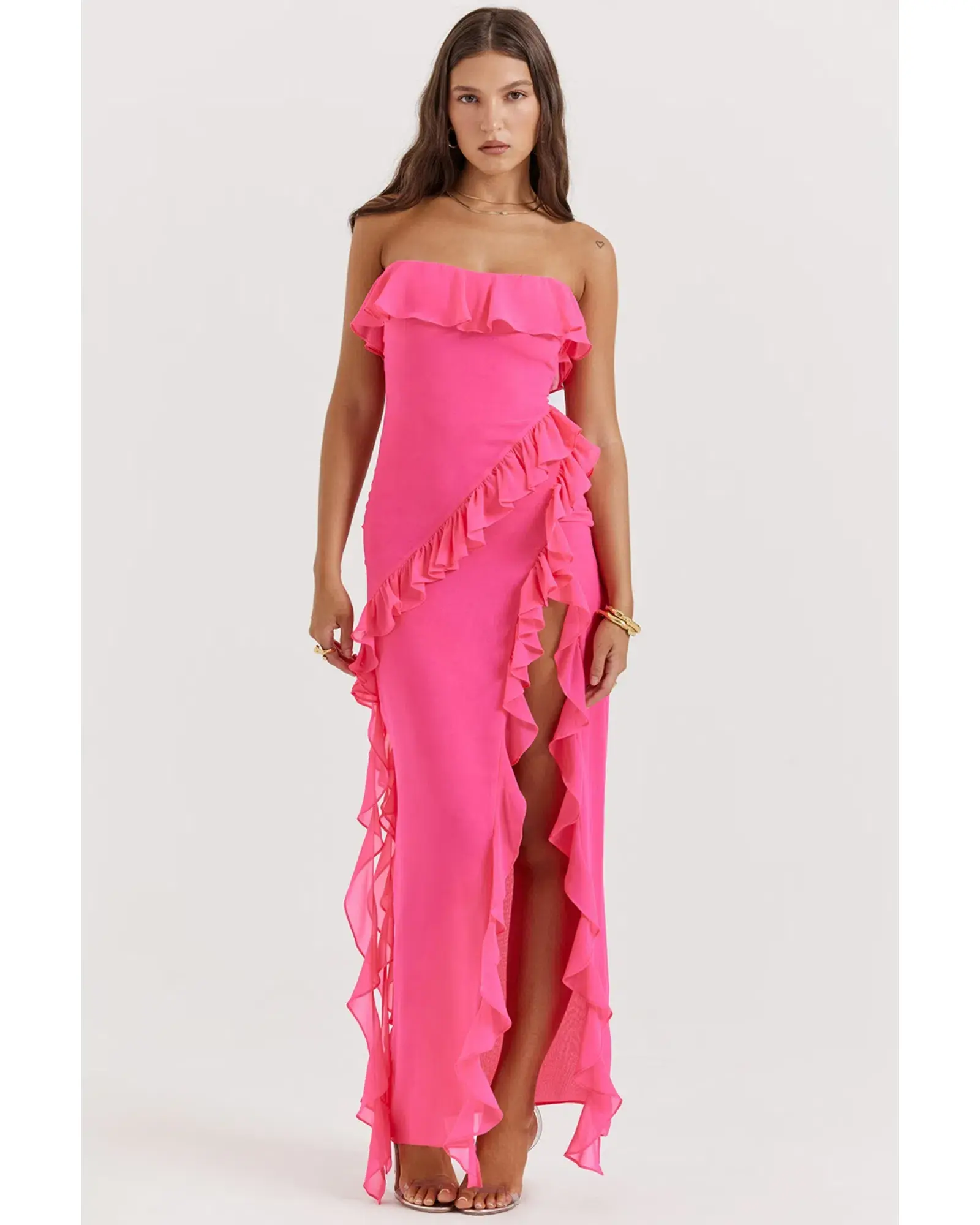 House Of CB Sarina Ruffle Maxi Dress Fuchsia Size AU 8 - Image 1