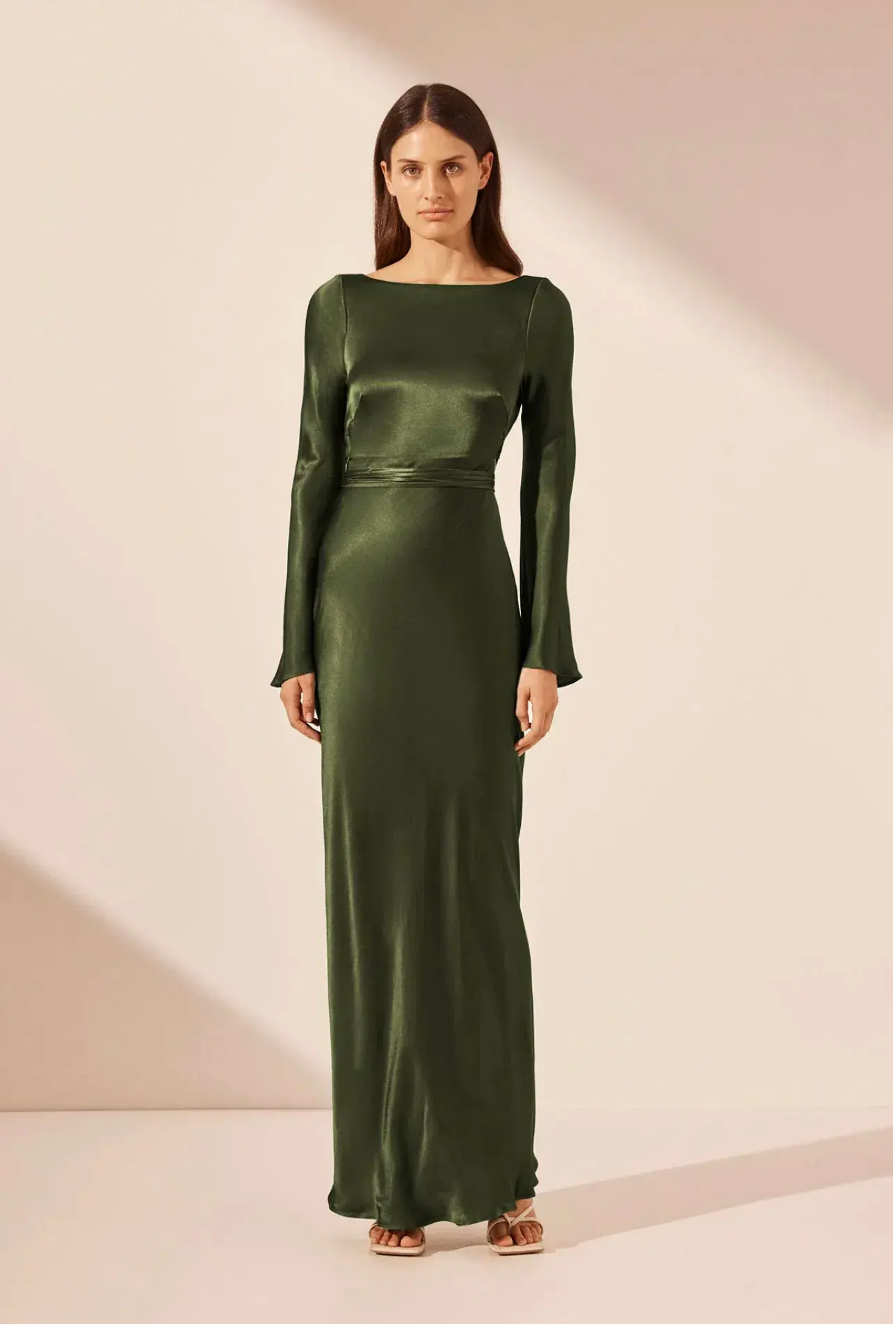 Shona Joy Elia Long Sleeve Open Back Tie Maxi Dress in Fern Size 12 - Image 1