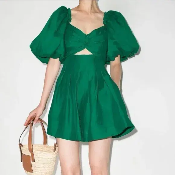 Aje Dusk Knot Puff Sleeve Mini Dress Emerald Green Size 6 - Image 1