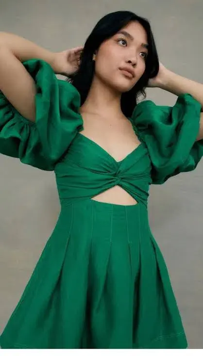 Aje Dusk Knot Puff Sleeve Mini Dress Emerald Green Size 6 - Image 2