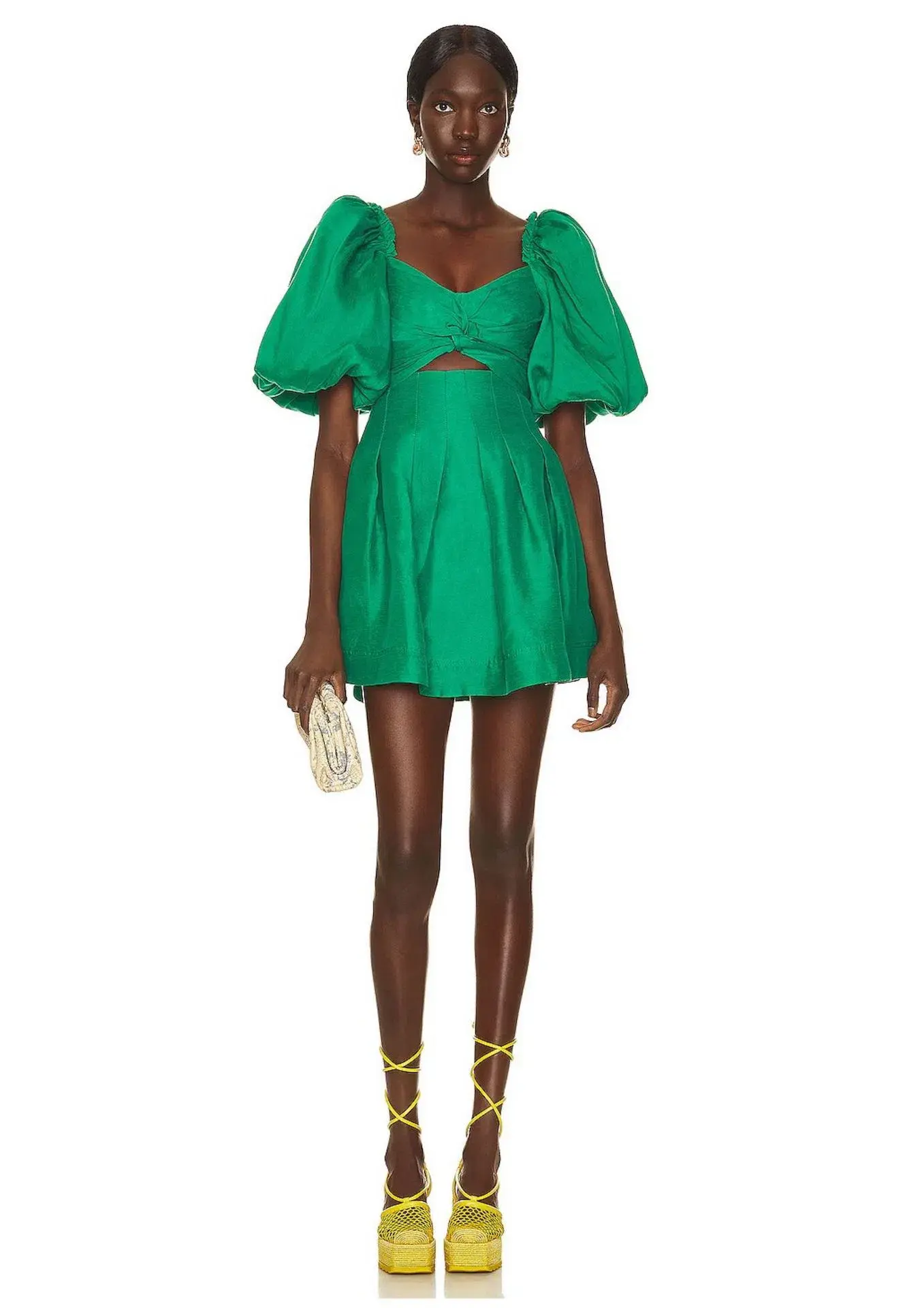 Aje Dusk Knot Puff Sleeve Mini Dress Emerald Green Size 6 - Image 3
